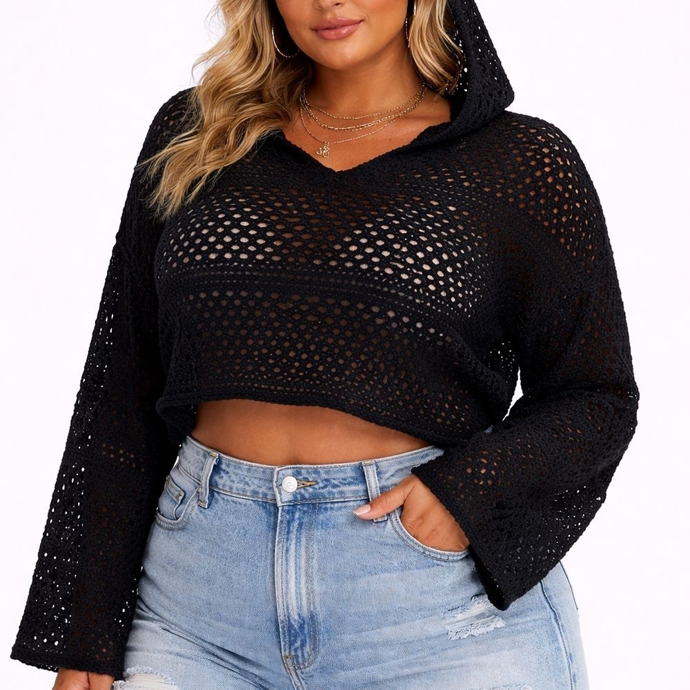 Forever 21 Black Cropped Crochet Hooded Swim Cover-Up